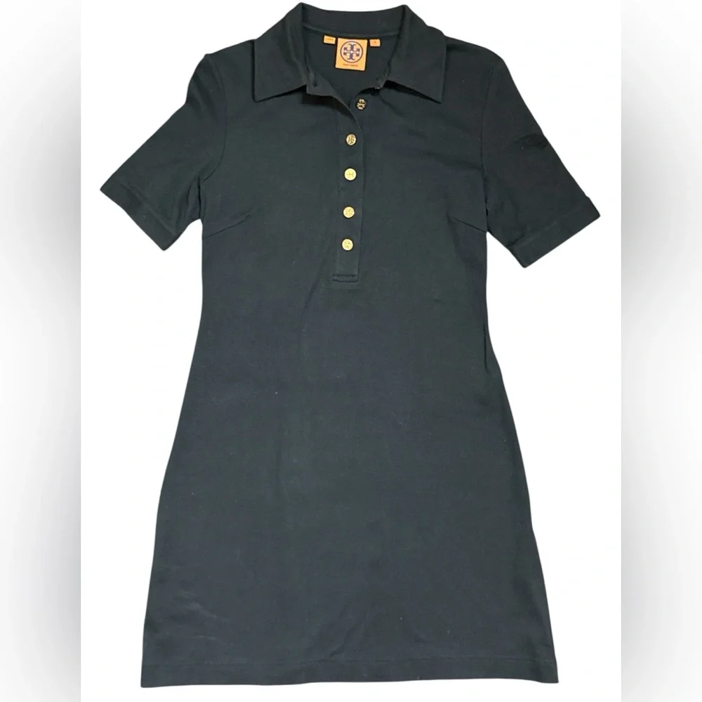 Tory Burch Black Polo 100% Cotton Gold Button-Up Dress Short Sleeve Womens Small